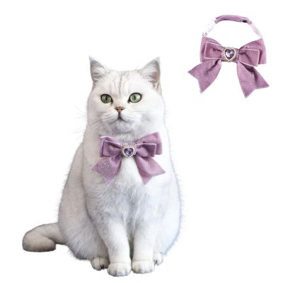 Pet Collar, Velvet Bow, Adjustable, Heart-Shaped Faux Gemstone Bell, Purple, 2-Pack