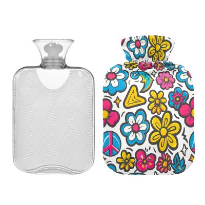 2-Liter Hot Water Bottle with Velvet Cover, Cute Cartoon Flowers