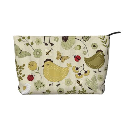 Women's Corduroy Makeup Bag with Yellow Leaves and Chicken Motif, Black