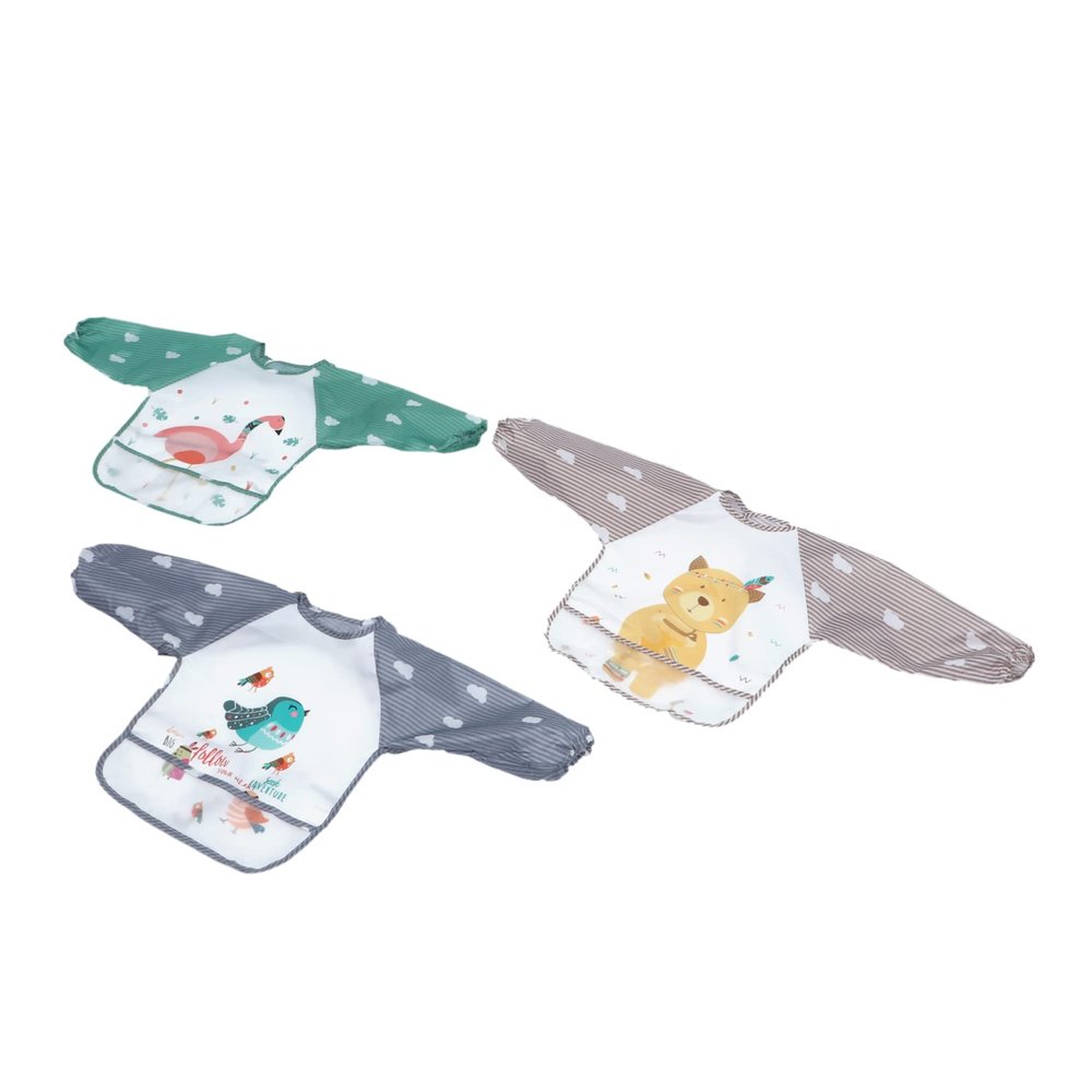 Beatifufu 3-Pack Baby Feeding Bibs with Sleeves, Waterproof and Washable, Cartoon Designs