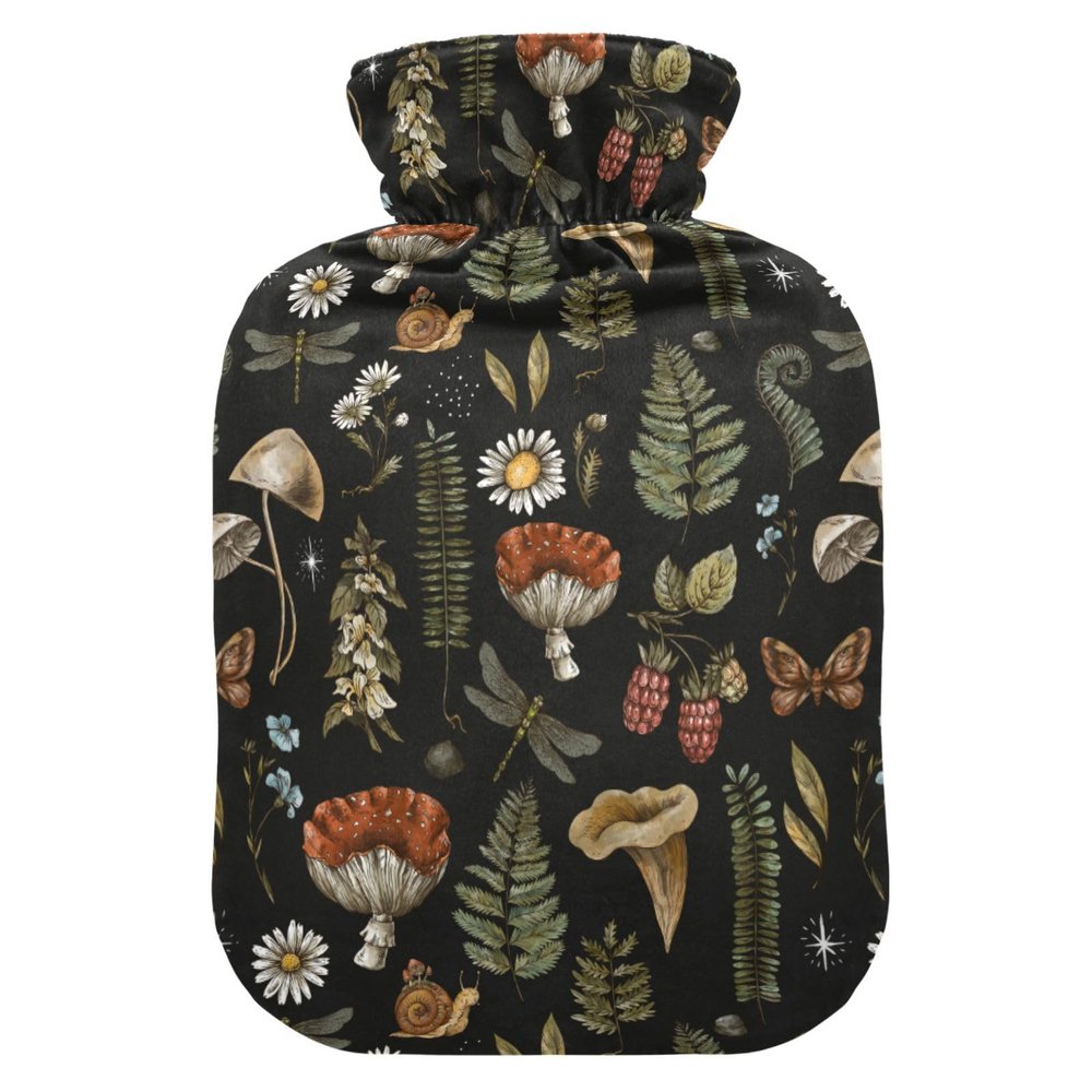 Hot Water Bottle with Cover, Mushroom Daisy Pattern, 2 L
