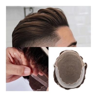 Men’s Human Hair Toupee with French Lace and PU Base, 6 in, 30 mm Wave