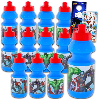Marvel Avengers Reusable Water Bottles for Kids, 325 ml, 12-Piece Set with Pull-Top Lids, Tattoos and Stickers