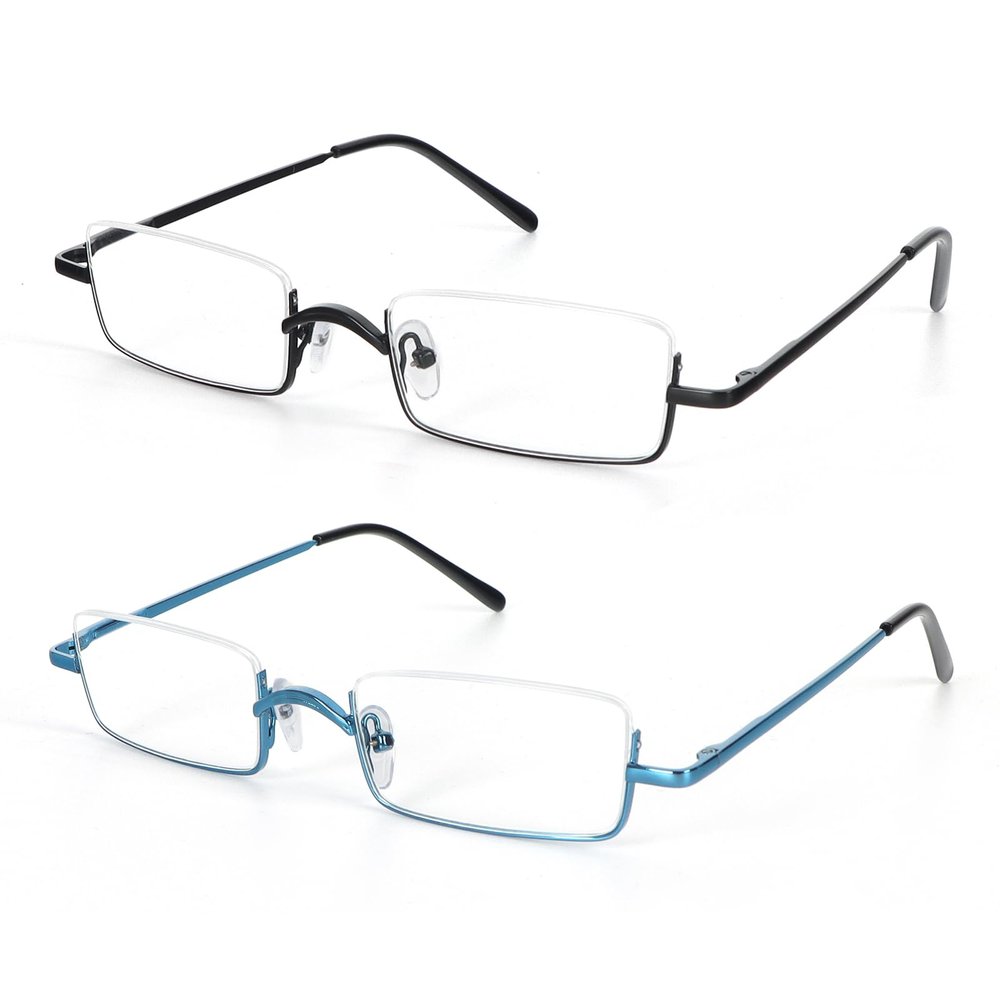 KoKoBin 2-Pack Half-Frame Metal Reading Glasses with Case, Black/Blue, 2.5 Diopters