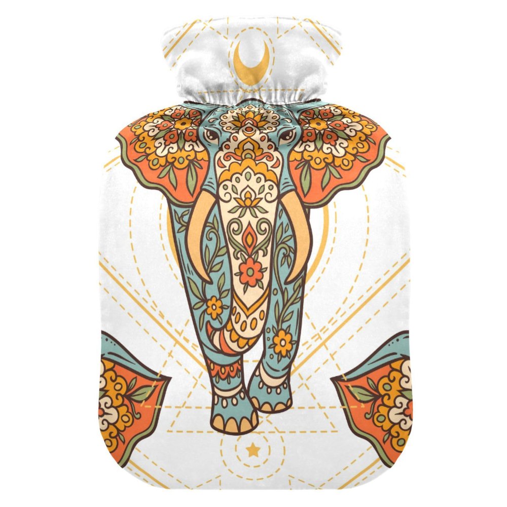 Hot Water Bottle with Cover, Indian Elephant Moon, 1 L, Leakproof