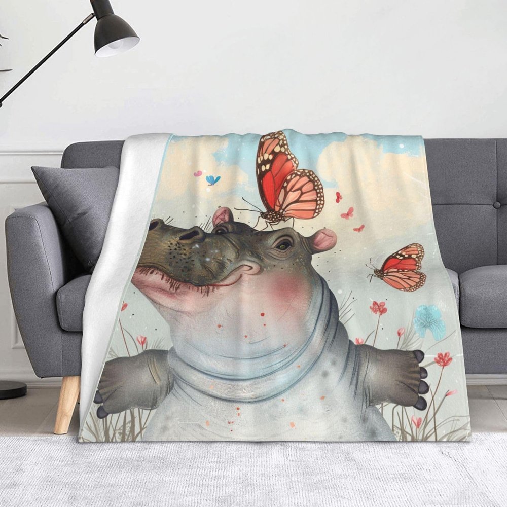 BWWHCCTI Flannel Throw Blanket with Butterfly and Hippopotamus Print, 60 x 50 in, Cute Small Warm Blanket for Bed, Couch, Sofa, and Office