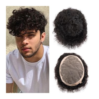 Men's Afro-Curly Human Hair Toupee with Fine Mono and NPU Base