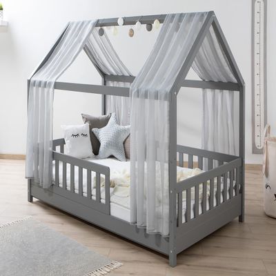 TiCAA Kim House Bed with Tulle, 90x200, 100x200, 120x200, 140x200 cm, for Boys & Girls, Incl. Roll Slatted Base, Adjustable Guard Rail, Light Gray Solid Pine Montessori Bed