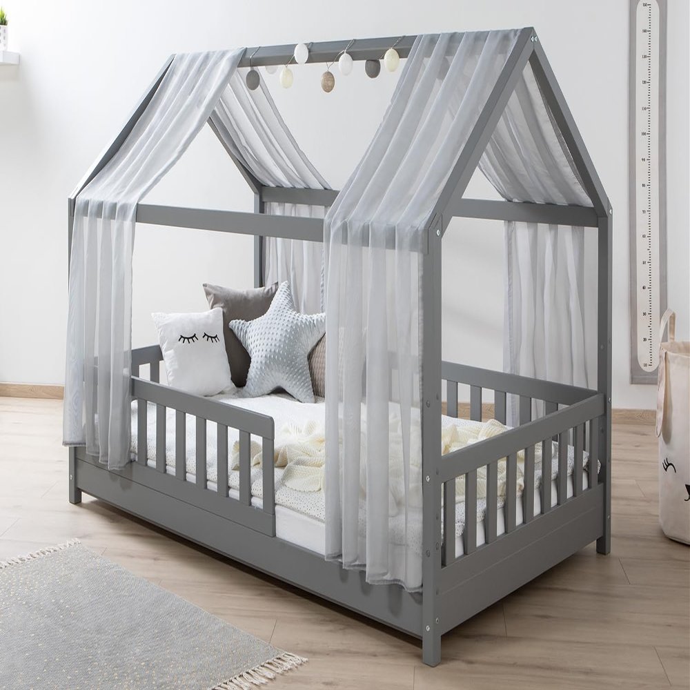 TiCAA Kim House Bed with Tulle, 90x200, 100x200, 120x200, 140x200 cm, for Boys & Girls, Incl. Roll Slatted Base, Adjustable Guard Rail, Light Gray Solid Pine Montessori Bed