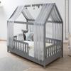 TiCAA Kim House Bed with Tulle, 90x200, 100x200, 120x200, 140x200 cm, for Boys & Girls, Incl. Roll Slatted Base, Adjustable Guard Rail, Light Gray Solid Pine Montessori Bed view 1