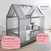 TiCAA Kim House Bed with Tulle, 90x200, 100x200, 120x200, 140x200 cm, for Boys & Girls, Incl. Roll Slatted Base, Adjustable Guard Rail, Light Gray Solid Pine Montessori Bed view 3