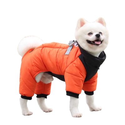 Waterproof Winter Dog Coat with Legs, Harness and Reflective D-Rings, Orange, S