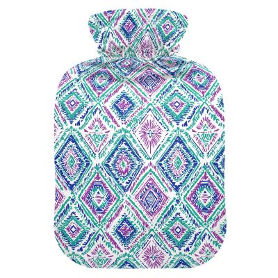 2 L Hot Water Bottle with Soft Plush Cover, Geometric Boho Design