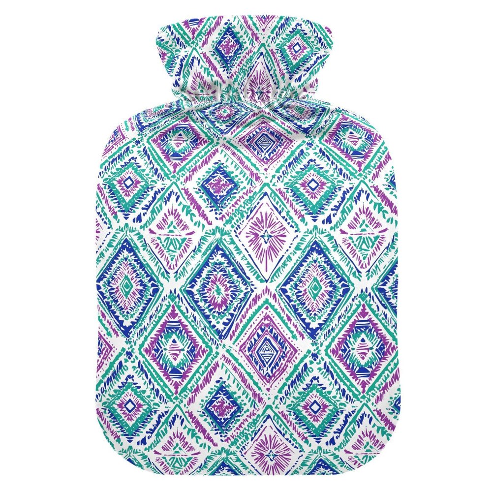 2 L Hot Water Bottle with Soft Plush Cover, Geometric Boho Design