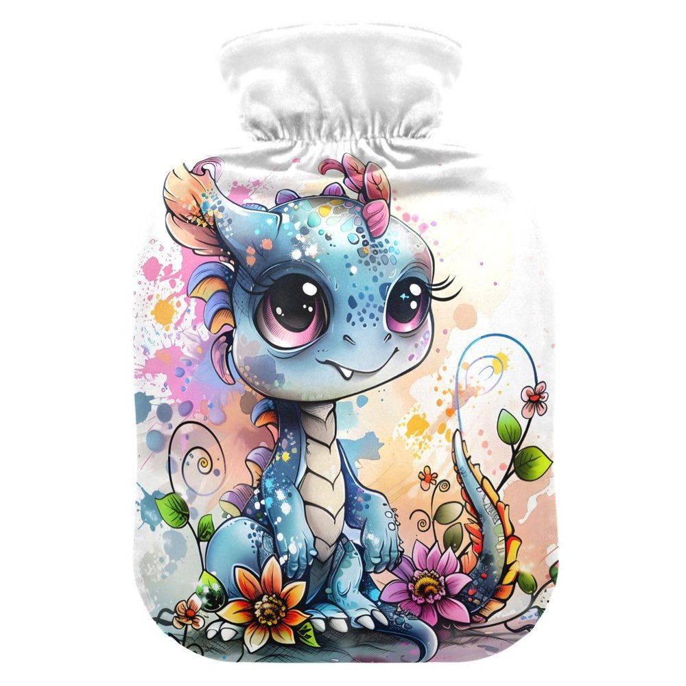 2 L Hot Water Bottle with Soft Plush Dragon Flower Cover