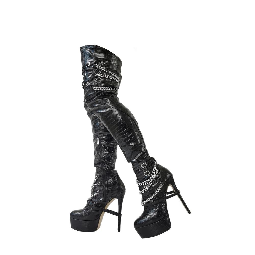 LIUGUISUOCHBH Women's Thigh-High Stiletto Platform Boots, Over-the-Knee, Patent Black, EU 38