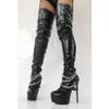 LIUGUISUOCHBH Women's Thigh-High Stiletto Platform Boots, Over-the-Knee, Patent Black, EU 38 view 3