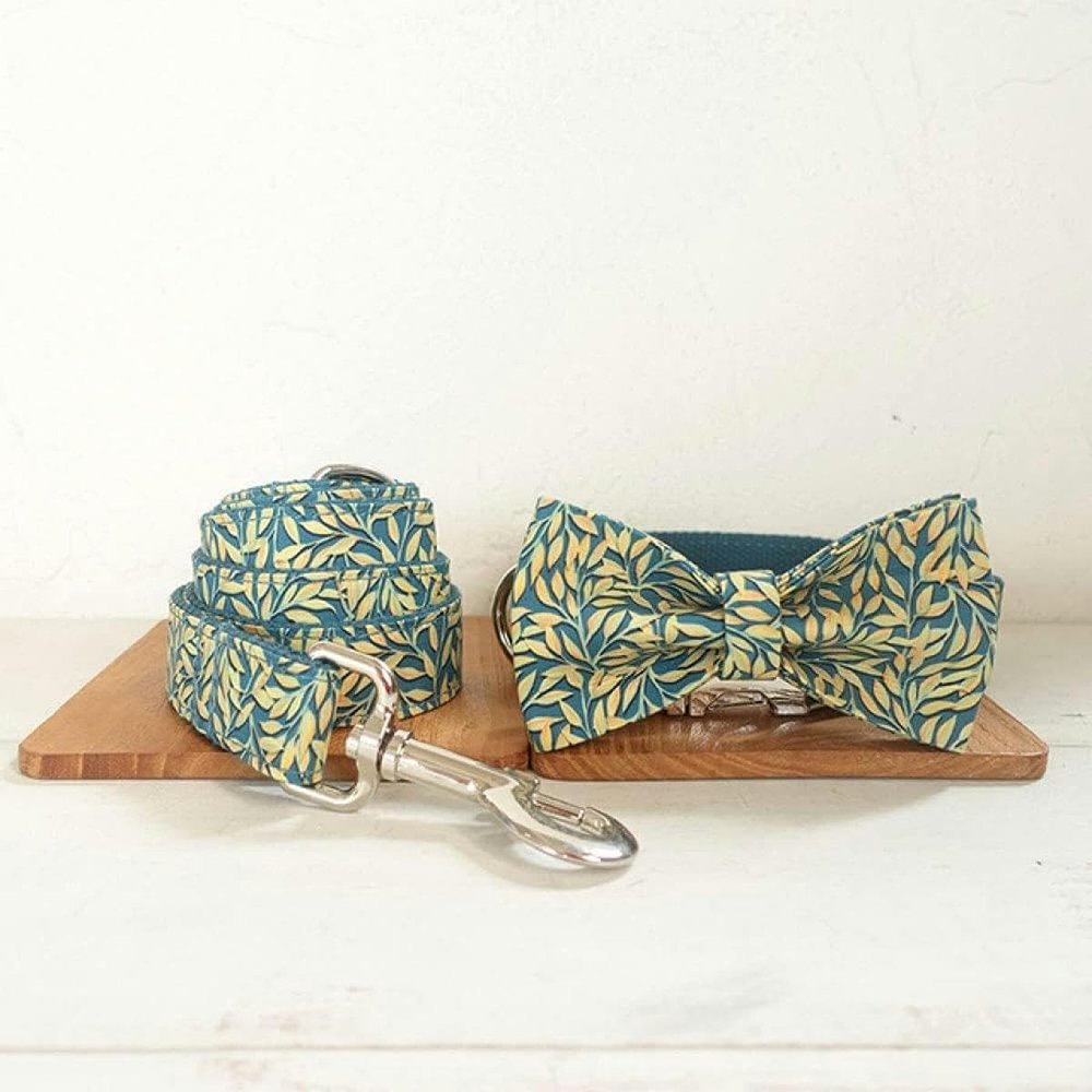 Dog Collar and Leash for Small to Large Dogs, Golden Leaves and Bow Tie, 5 Sizes, XL