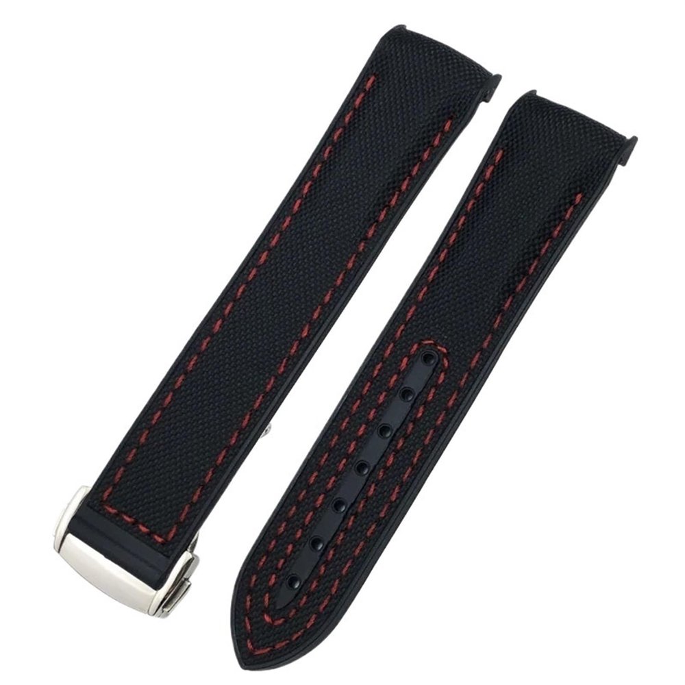 GSZCCZS for Omega Seamaster 300 Planet Ocean AT150 Watch Strap, 21 mm/22 mm, Curved End, Blue-Red Fabric, High-Density Nylon Rubber