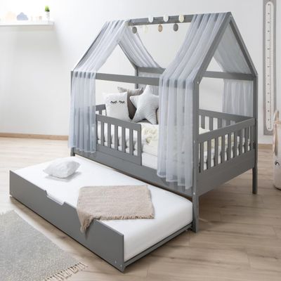 TiCAA Kim House Bed with Tulle, 90x200–140x200 cm, Light Gray Solid Pine