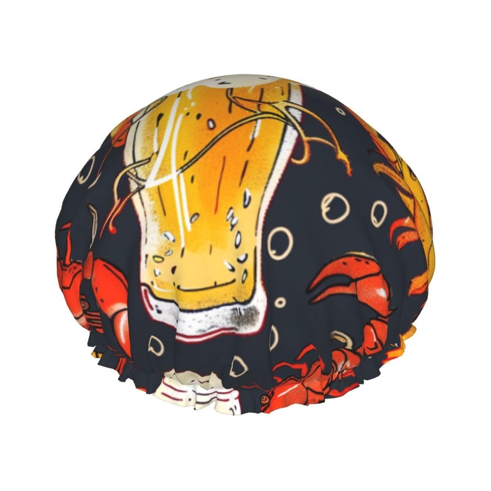 Double-Layer Shower Cap with Beer and Crayfish Pattern