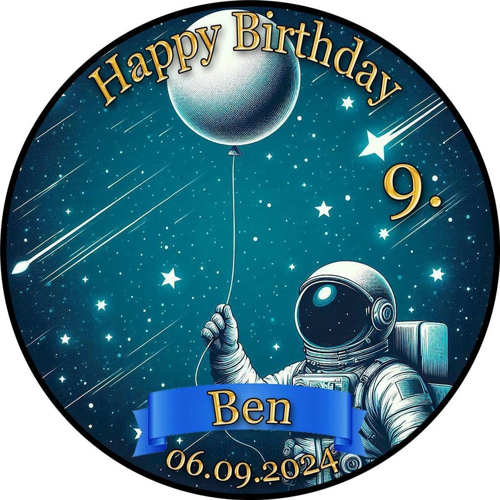 Round Sugar-Paper Cake Topper, Astronaut, Moon, Rocket & Stars, 20 cm, No Photo