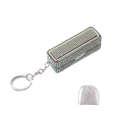 Rhinestone Lipstick Case with Keychain, White B, Medium