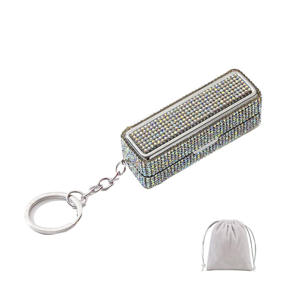 Rhinestone Lipstick Case with Keychain, White B, Medium