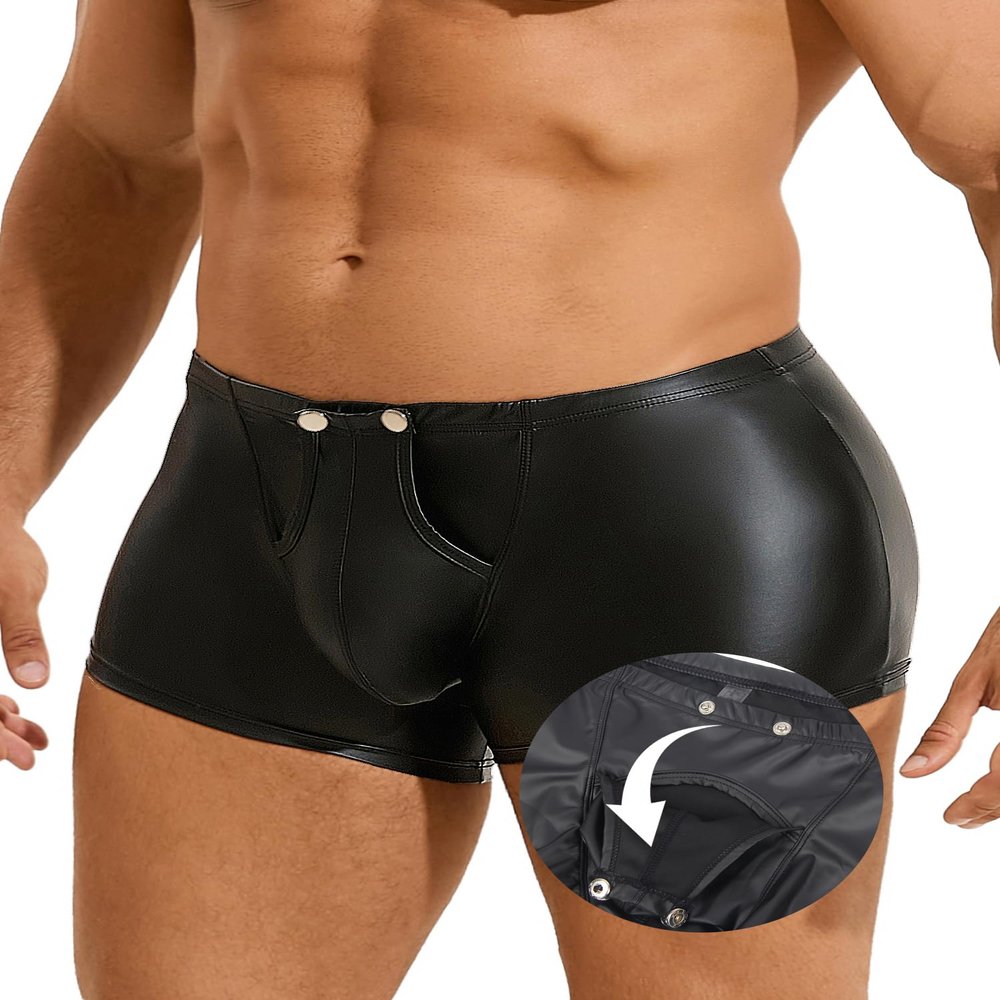 Men's PU Leather Boxer Shorts, Sexy Pouch Underwear, Black, M