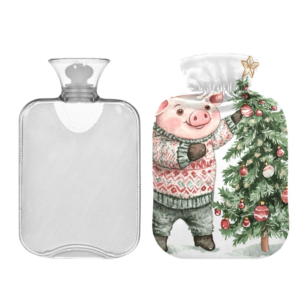 Christmas Pig in Sweater Hot Water Bottle with Velvet Cover, 2 L