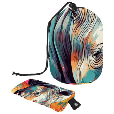 Rhino Faux-Animal Print Makeup Bag Set for Women, Foldable Drawstring Travel Toiletry Bags, 9.9 x 6.9 in / 25.2 x 17.6 cm; 6 x 3.5 in / 15.2 x 8.8 cm