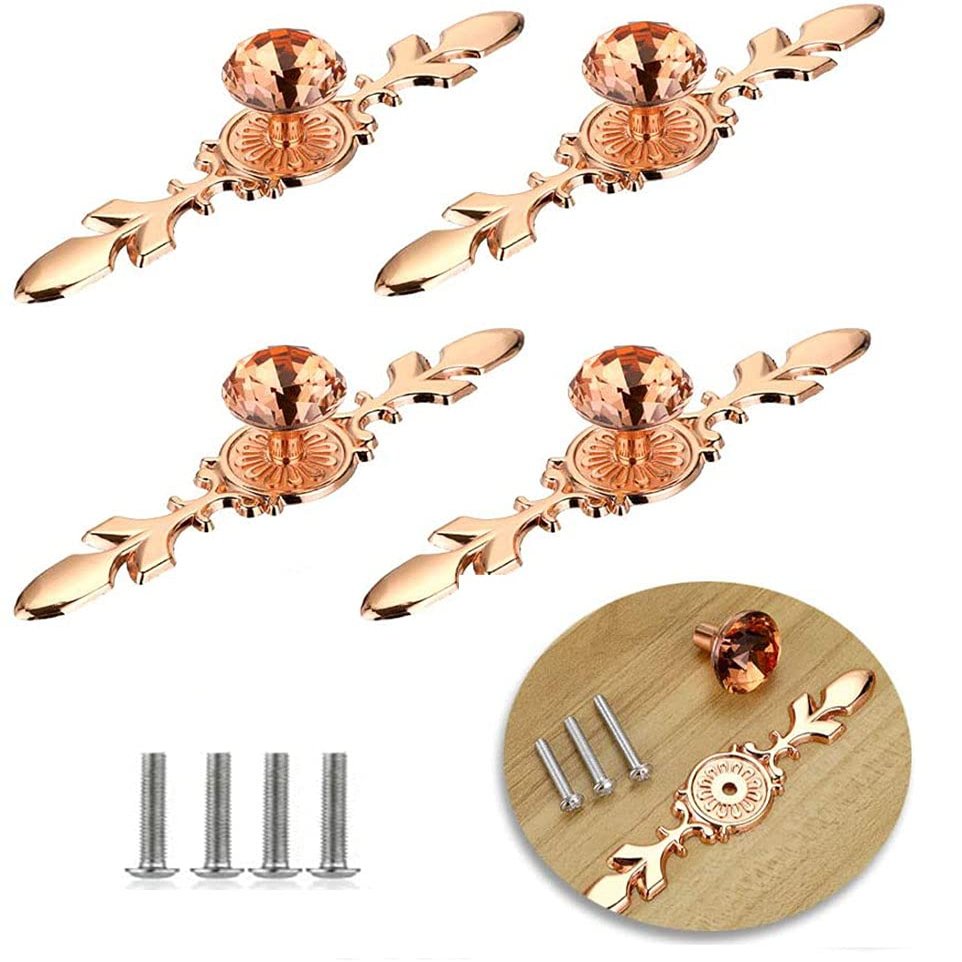 QCKNKMGG Crystal Cabinet and Drawer Pull Handles, 4-Piece Set with Plates, Zinc Alloy, Rose Gold, 170 mm