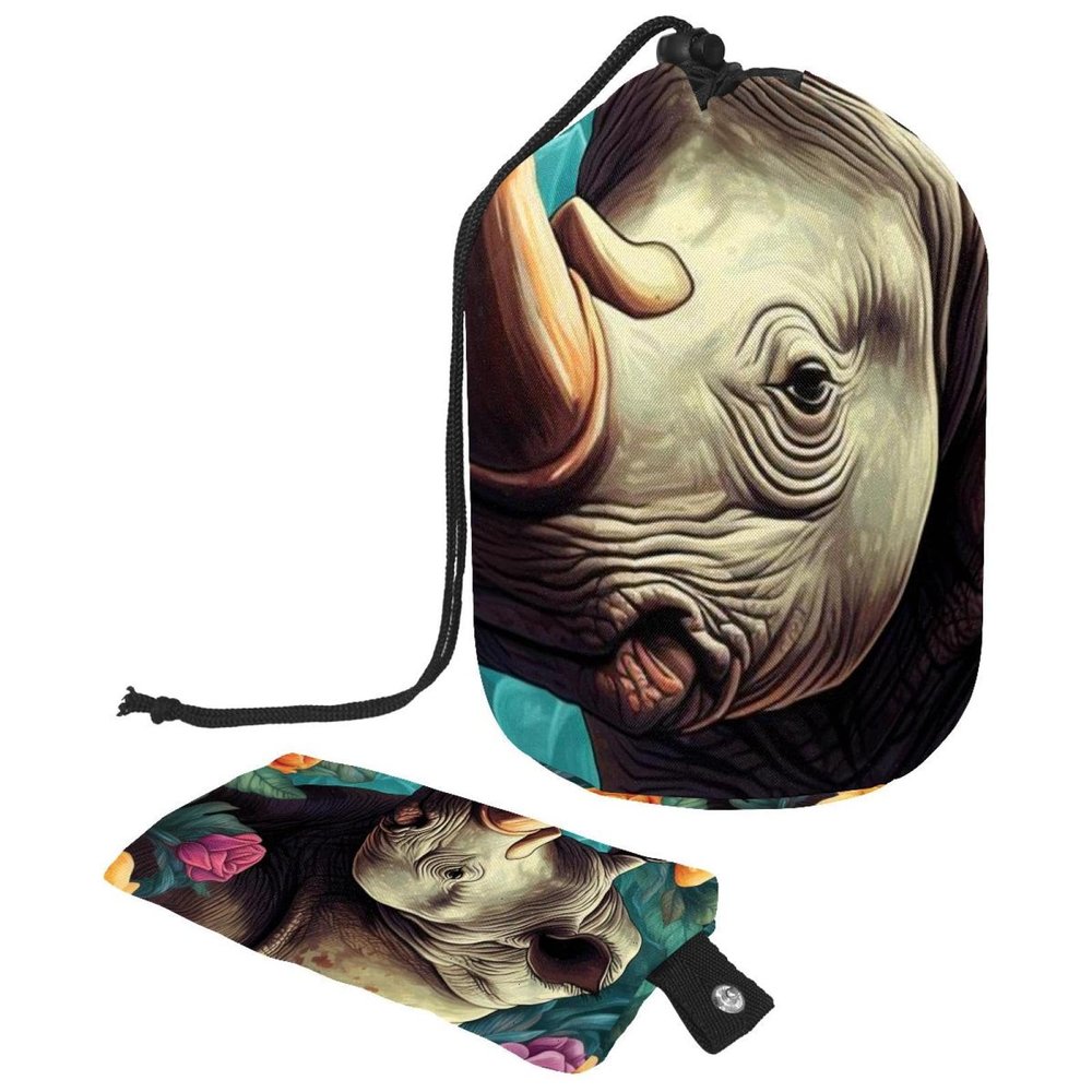 Cosmetic Bag Set, Travel Makeup Bags, Large Capacity, Soft, Waterproof, Portable, Drawstring, Rhinoceros with Flowers, 2 Pieces