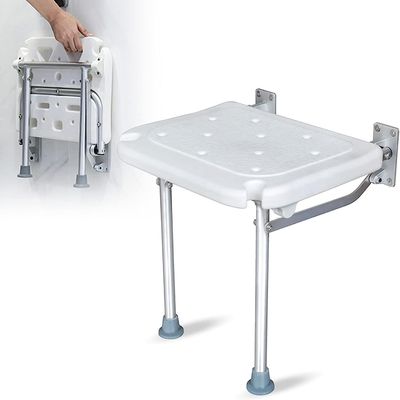 MRKU Folding Shower Chair with Wheels, Wall-Mounted Non-Slip Seat for Older Adults and People with Disabilities