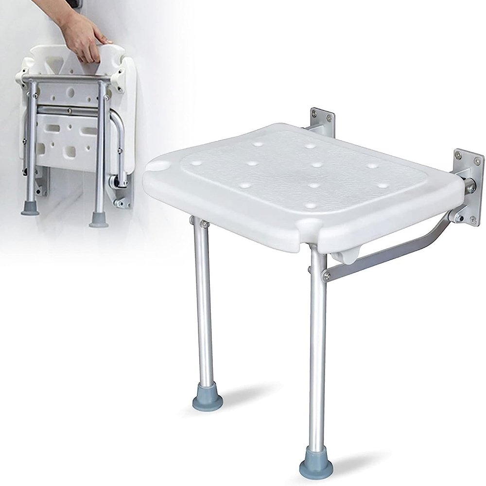 MRKU Folding Shower Chair with Wheels, Wall-Mounted Non-Slip Seat for Older Adults and People with Disabilities
