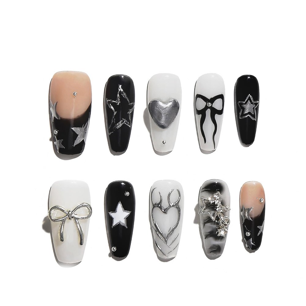 Sun&Beam Handmade Press-On Nails, Medium Ballerina, Black and White (#178 L)