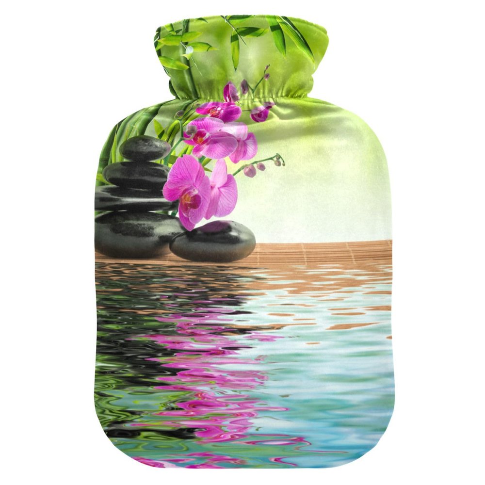 Hot Water Bottle with Cover, Zen Stone Flower, 1 L