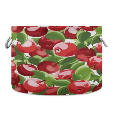 Large Round Storage Basket with Red Apples and Leaves, Foldable Fabric Toy Organizer for Nursery and Bedroom