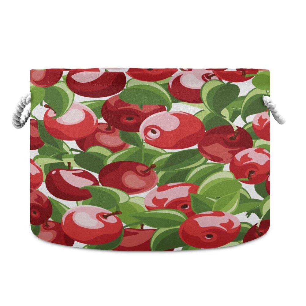 Large Round Storage Basket with Red Apples and Leaves, Foldable Fabric Toy Organizer for Nursery and Bedroom