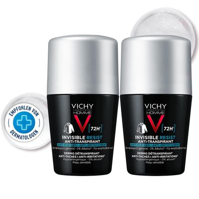 Vichy Homme 72h Invisible Antiperspirant Roll-On for Men, 2 x 50 ml