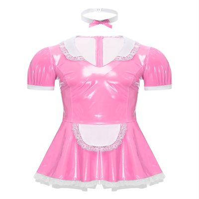 LiiYii Men's Crossdresser Lingerie Sissy Leather Dress Cosplay Maid Costume V-Neck Wet-Look Mini Dress, Pink, 5XL