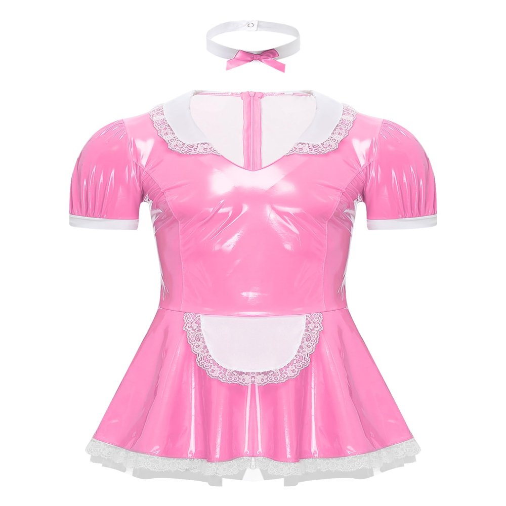 LiiYii Men's Crossdresser Lingerie Sissy Leather Dress Cosplay Maid Costume V-Neck Wet-Look Mini Dress, Pink, 5XL