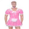 LiiYii Men's Crossdresser Lingerie Sissy Leather Dress Cosplay Maid Costume V-Neck Wet-Look Mini Dress, Pink, 5XL view 3