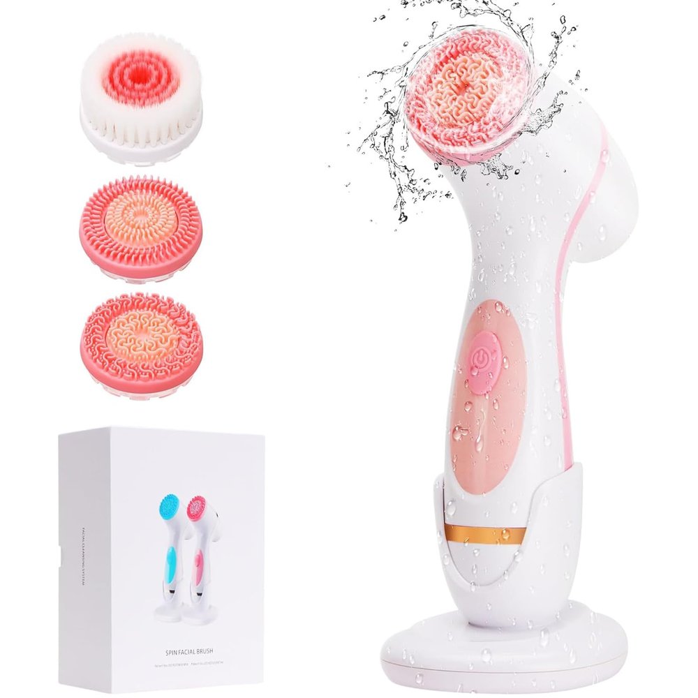 Maxspace Electric Facial Cleansing Brush, IPX7 Waterproof, 3 Brush Heads, 2-Speed Rotation, Pink