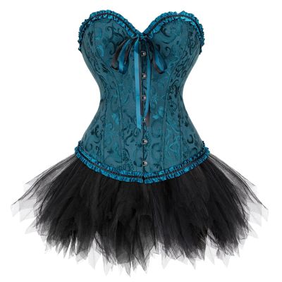 GMDNS Women's Dark Green Overbust Corset with Mini Tutu Skirt, Size L