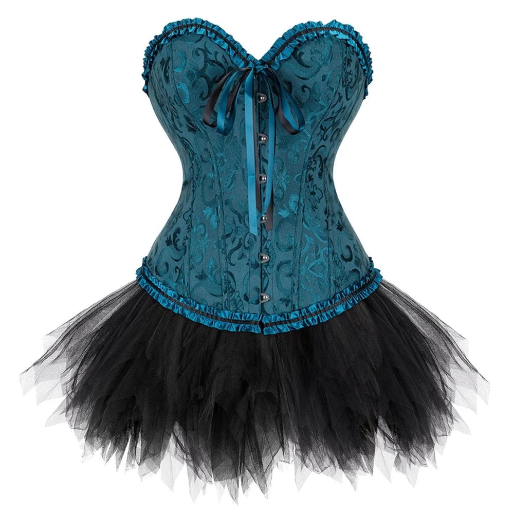GMDNS Women's Dark Green Overbust Corset with Mini Tutu Skirt, Size L