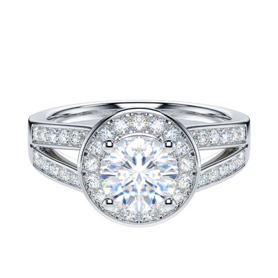 QTYQWC 1-Carat Genuine Moissanite or Artificial Diamond Sterling Silver Split-Shank Halo Engagement Ring for Women