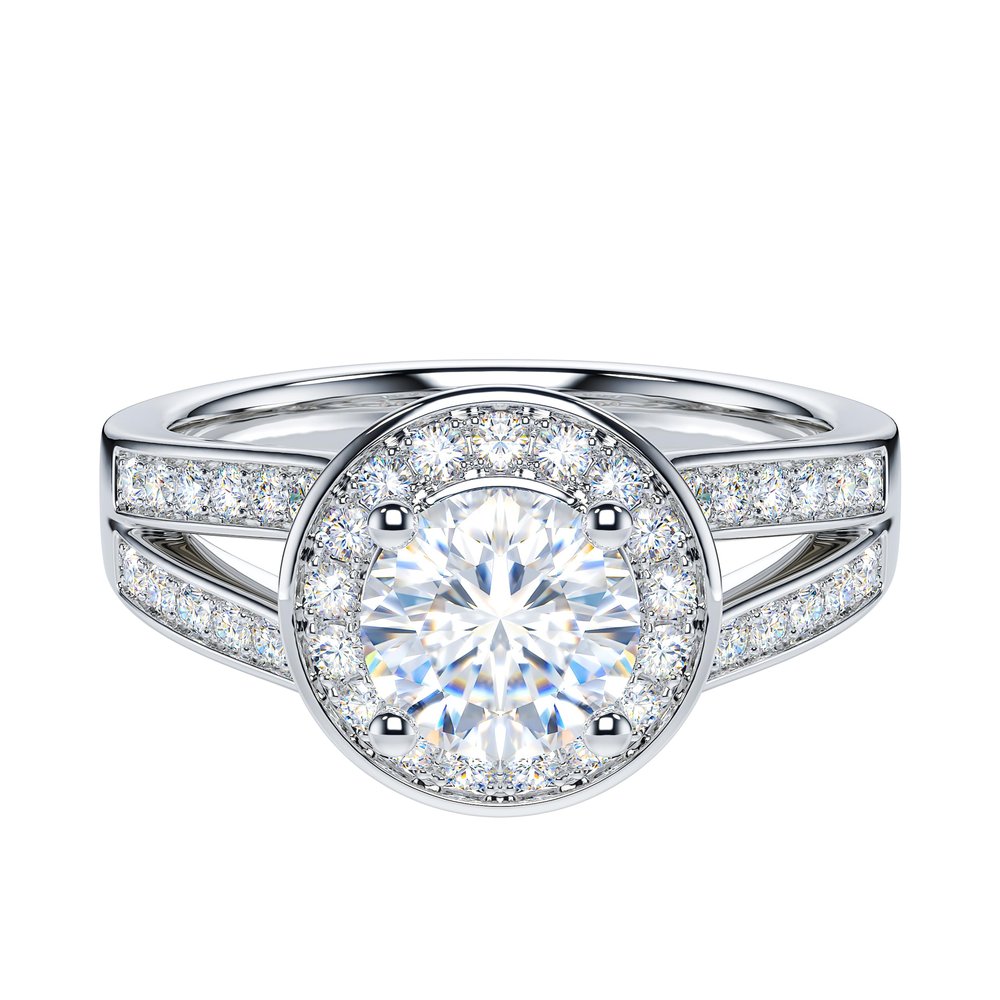 QTYQWC 1-Carat Genuine Moissanite or Artificial Diamond Sterling Silver Split-Shank Halo Engagement Ring for Women