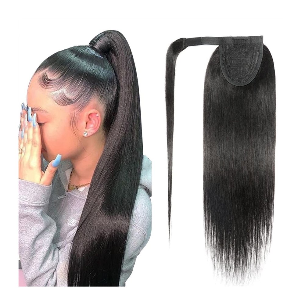 10–30 in Magic Paste Ponytail Extension for Women, Straight Wrap-Around Brazilian Remy Human Hair