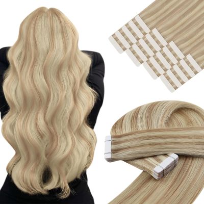YoungSee Tape-In Human Hair Extensions, Ash Blonde Highlight/Platinum Blonde, 40 cm, 50 g, 18/613